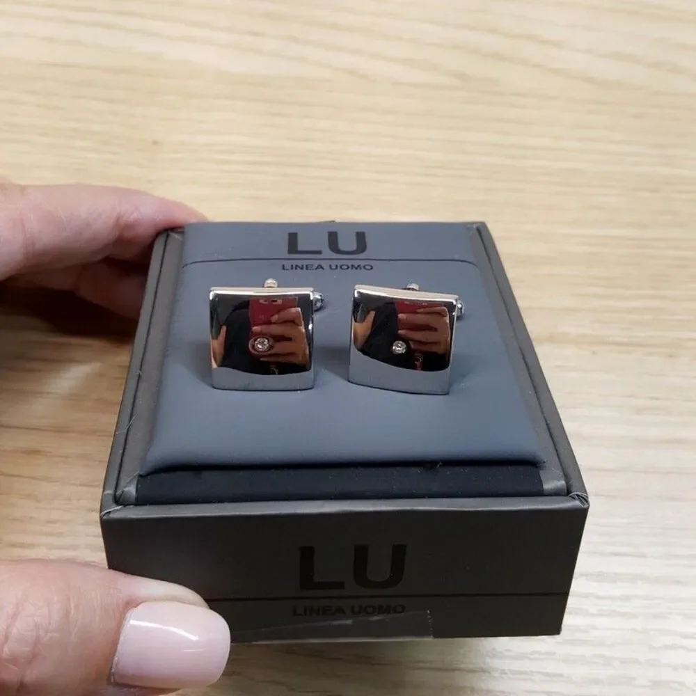 LINEA UOMO Mens Silver Square Crystal Cufflinks Rhinestone Accent Cuff Links